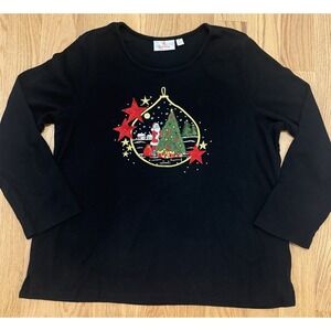 Quacker Factory Christmas Santa Winter Pullover Size XL Sequins Embroidery Cotto